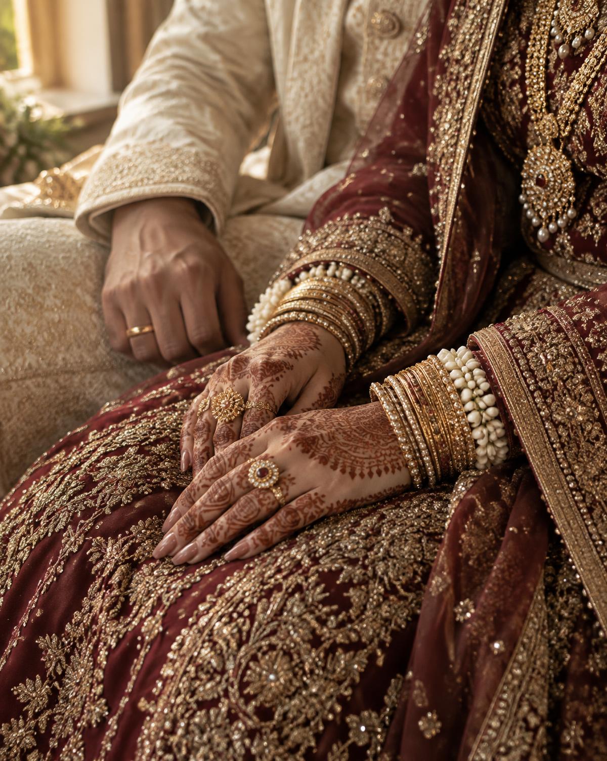 Mehndi-verzierte Hände mit traditionellem Goldschmuck